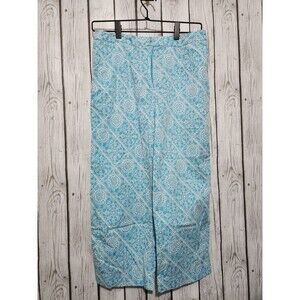 Talbots Stretch Capri Pants Womens 8 Geometric Aqua Blue White Cotton Slit Hem